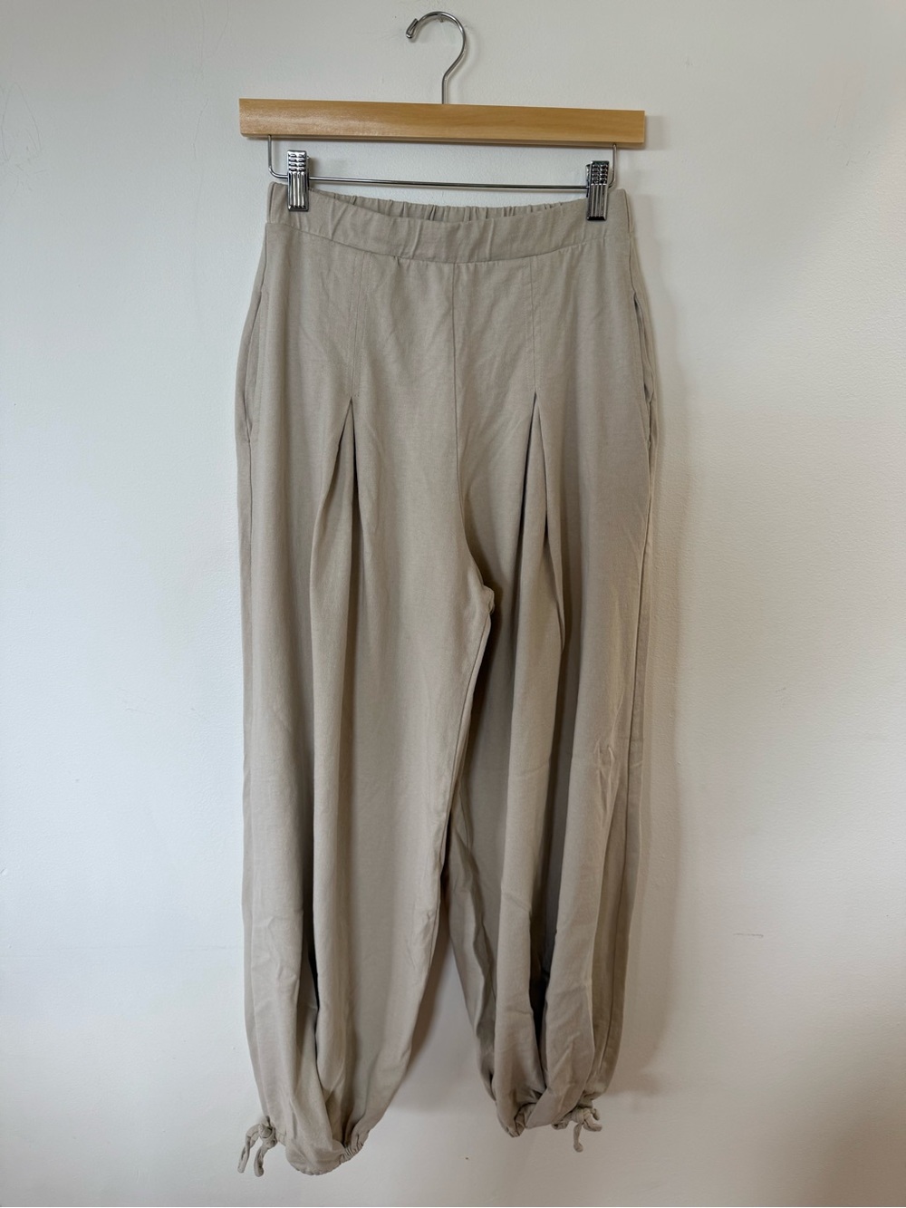 Women's Drawstring Hem Beige Jogger Pants